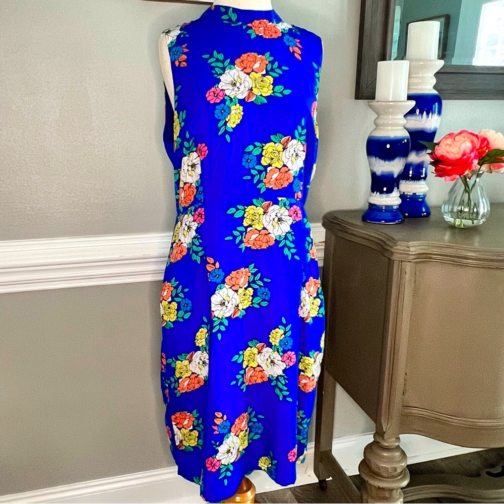 EUC XL Lulu’s Carriage Tour Royal Blue Floral Print Sleeveless Dress Summer 040